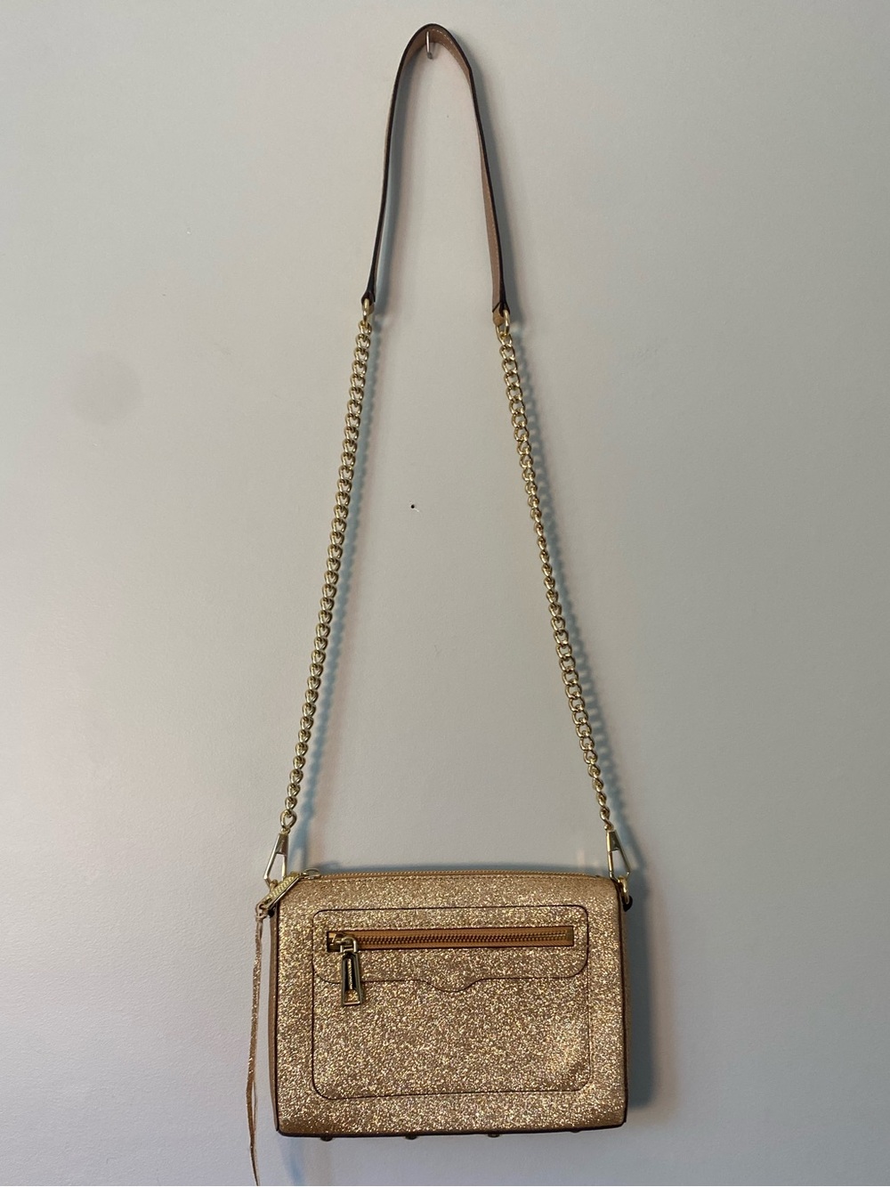 REBECCA MINKOFF LEATHER GLITTER AVERY CROSSBODY ROSE GOLD